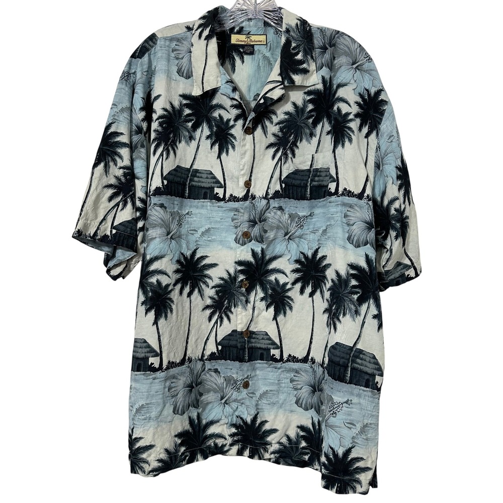 Tommy Bahama Button Up Mens Large Tropical Palm Tree 100% Silk